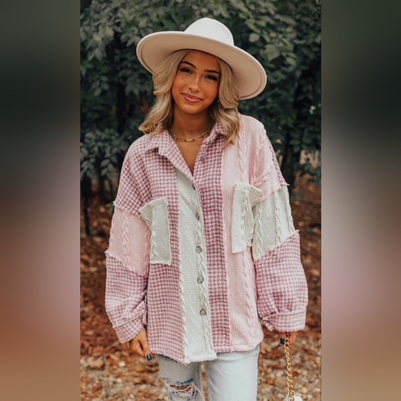 POL Tops - POL Patchwork Sweater Shacket - Pink Cable Knit - Size Medium